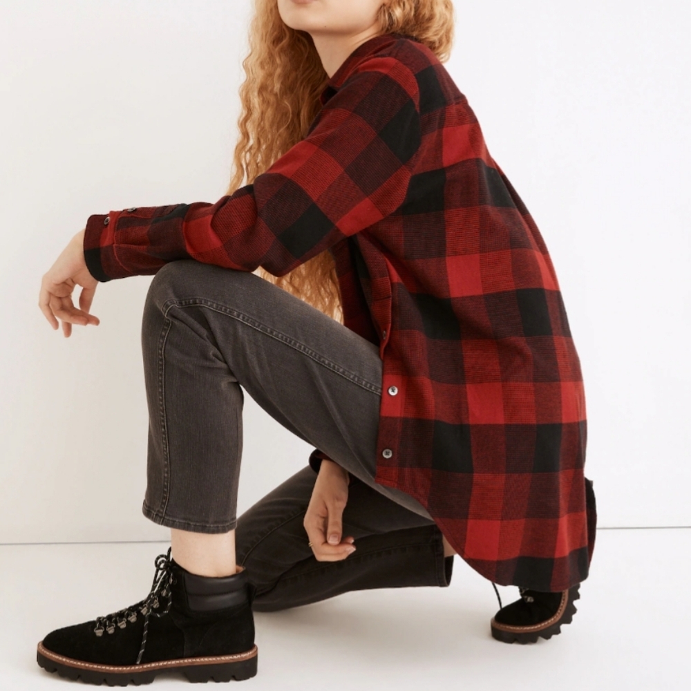 Madewell Side Button Oversized Ex Boyfriend Red and Black Checkered Flannel
